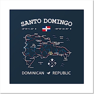 Dominican Republic Flag Travel Map Santo Domingo Coordinates Roads Rivers and Oceans White Posters and Art